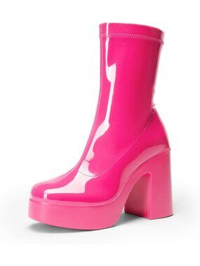 Women's Hot Pink Square Toe High Chunky Block Heel Platform Casual Ankle Booties
